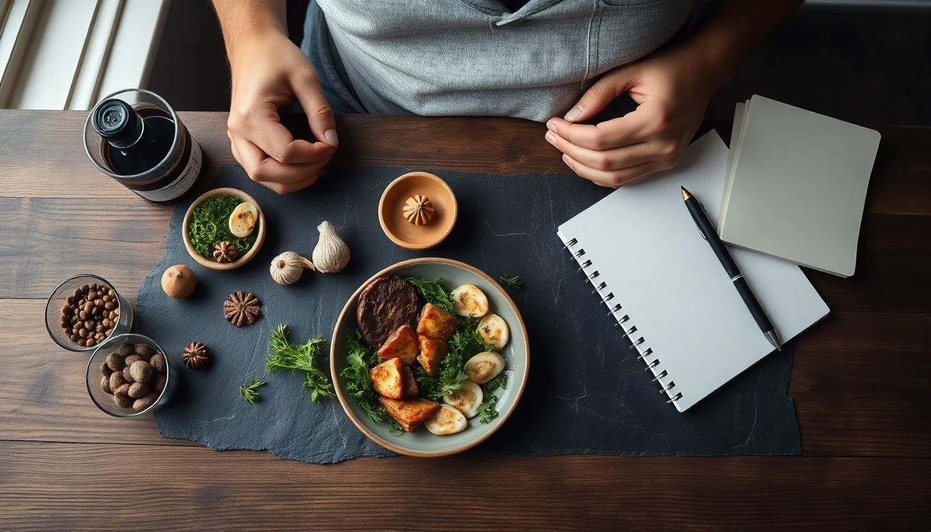 Person holding their stomach in discomfort while sitting at a wooden dining table with a half-eaten meal