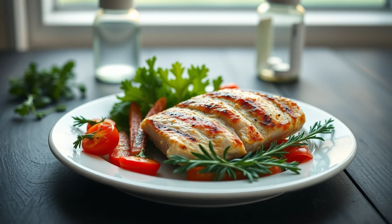 Fresh vegetables and grilled chicken breast arranged on a white ceramic plate with herbs