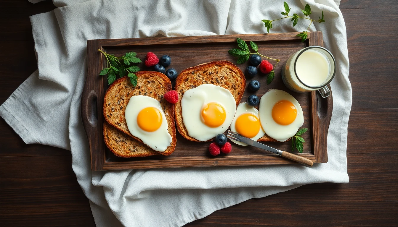 Wooden breakfast tray with wholegrain toast, scrambled eggs, berries and a glass of milk on white linen