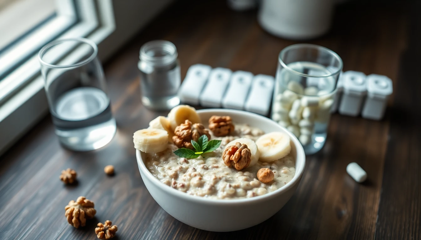 Bowl of porridge topped with sliced banana and walnuts beside a glass of water and a weekly pill organiser on a wooden kitchen table