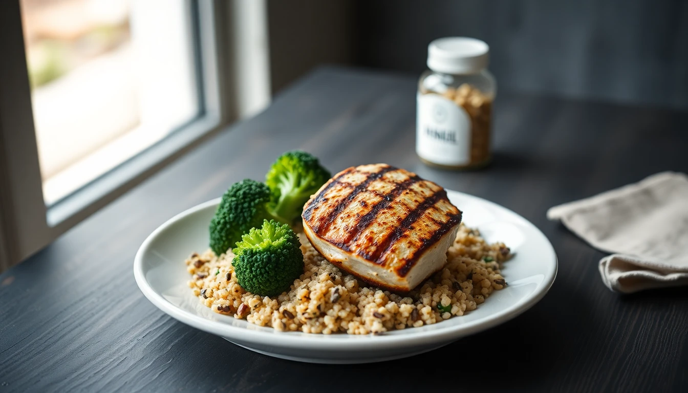 Grilled chicken breast sliced on a white ceramic plate with quinoa and steamed broccoli