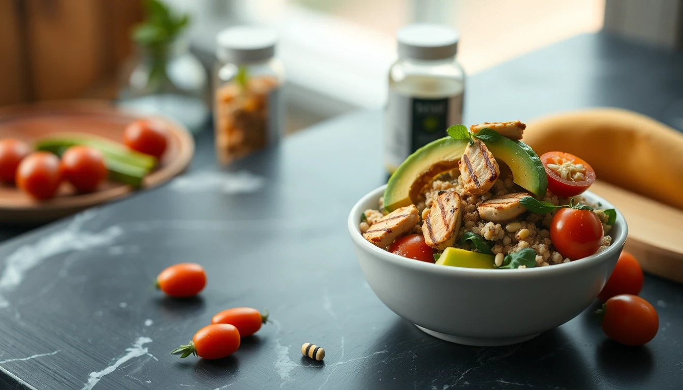 Small white ceramic bowl containing quinoa salad with grilled chicken, cherry tomatoes and avocado on marble counter