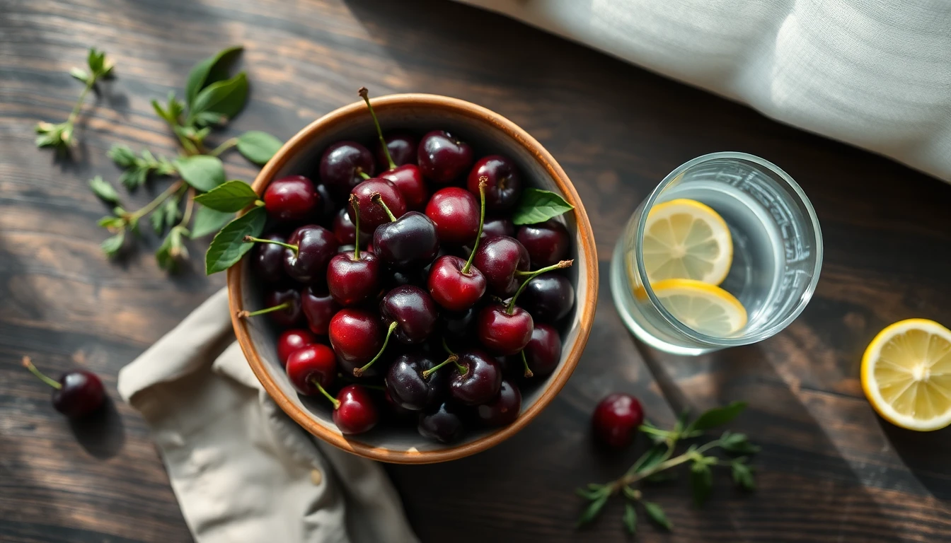 Bowl of fresh cherries on a wooden table beside a glass of water with lemon slices