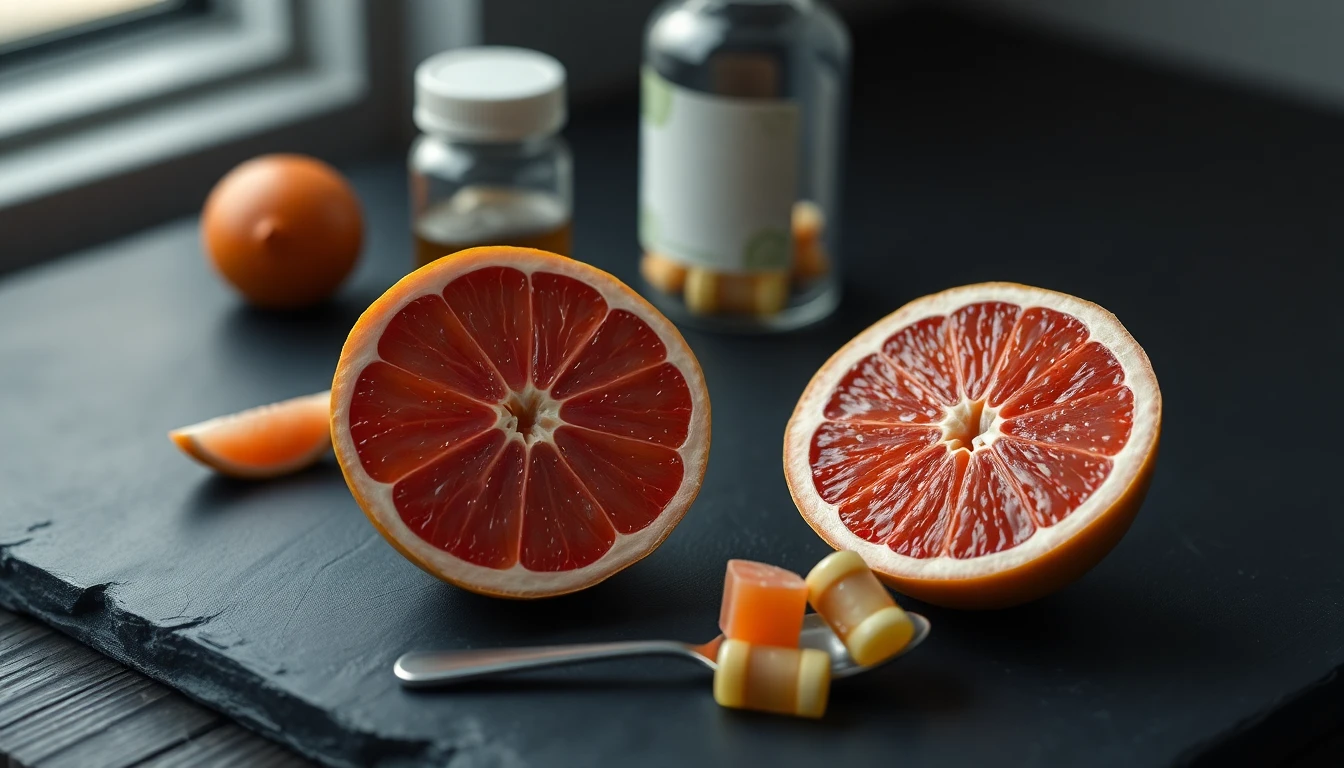 A halved pink grapefruit on a dark slate background with a small spoonful of citrus segments beside it.