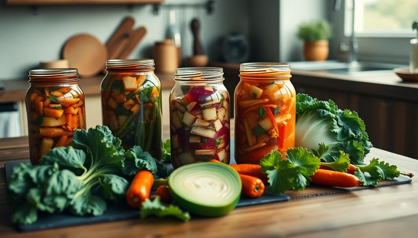 Glass jars of kimchi, sauerkraut and pickled vegetables arranged on a wooden kitchen counter with fresh cabbage