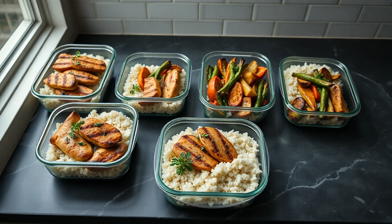 Seven glass meal prep containers arranged on a marble counter filled with grilled chicken, rice, and colourful roasted vegetables
