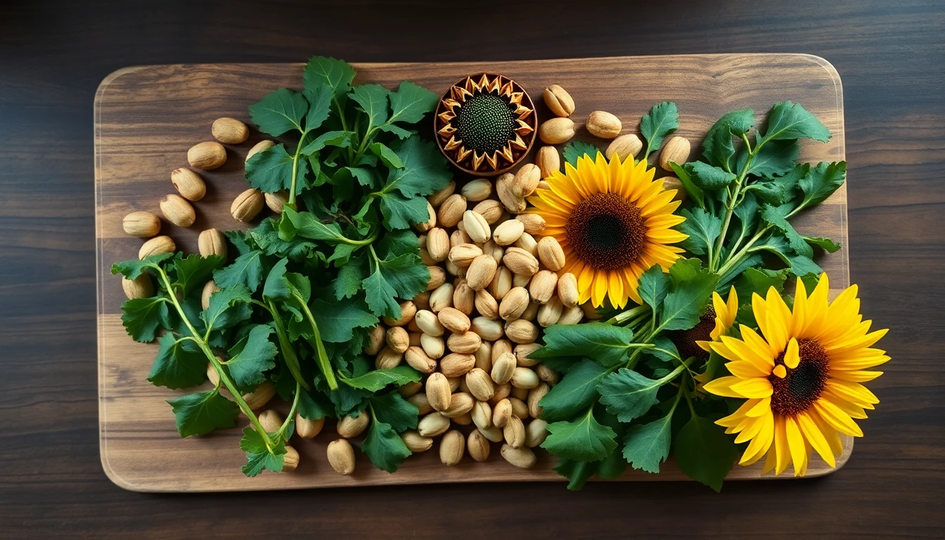 Assorted Brazil nuts, sunflower seeds, and leafy greens arranged on a wooden cutting board
