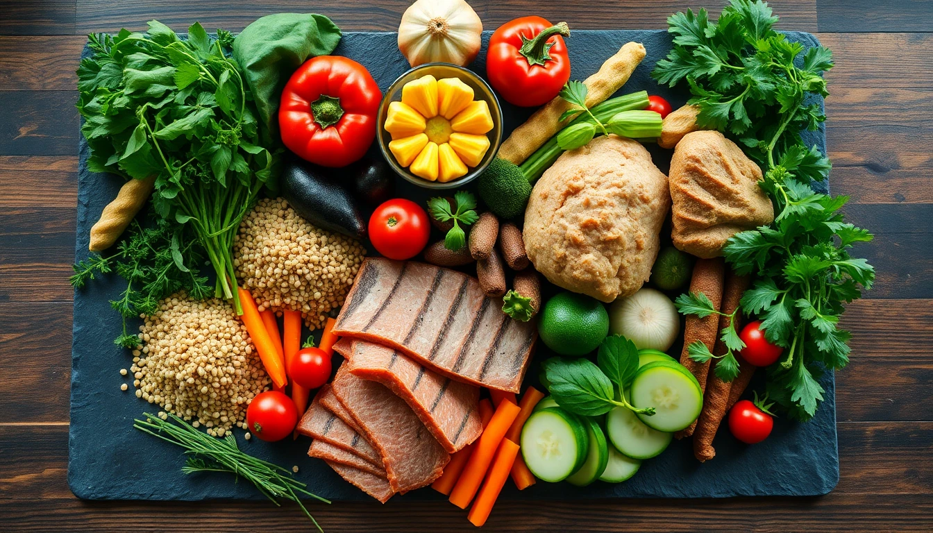 Colourful spread of fresh vegetables, whole grains, and lean proteins arranged on a wooden kitchen table with natural light