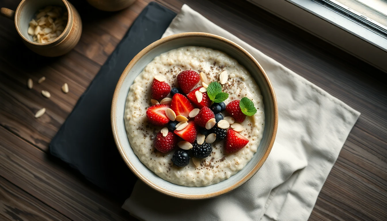 Bowl of overnight oats topped with fresh berries, chia seeds and sliced almonds on a light wooden table with linen napkin