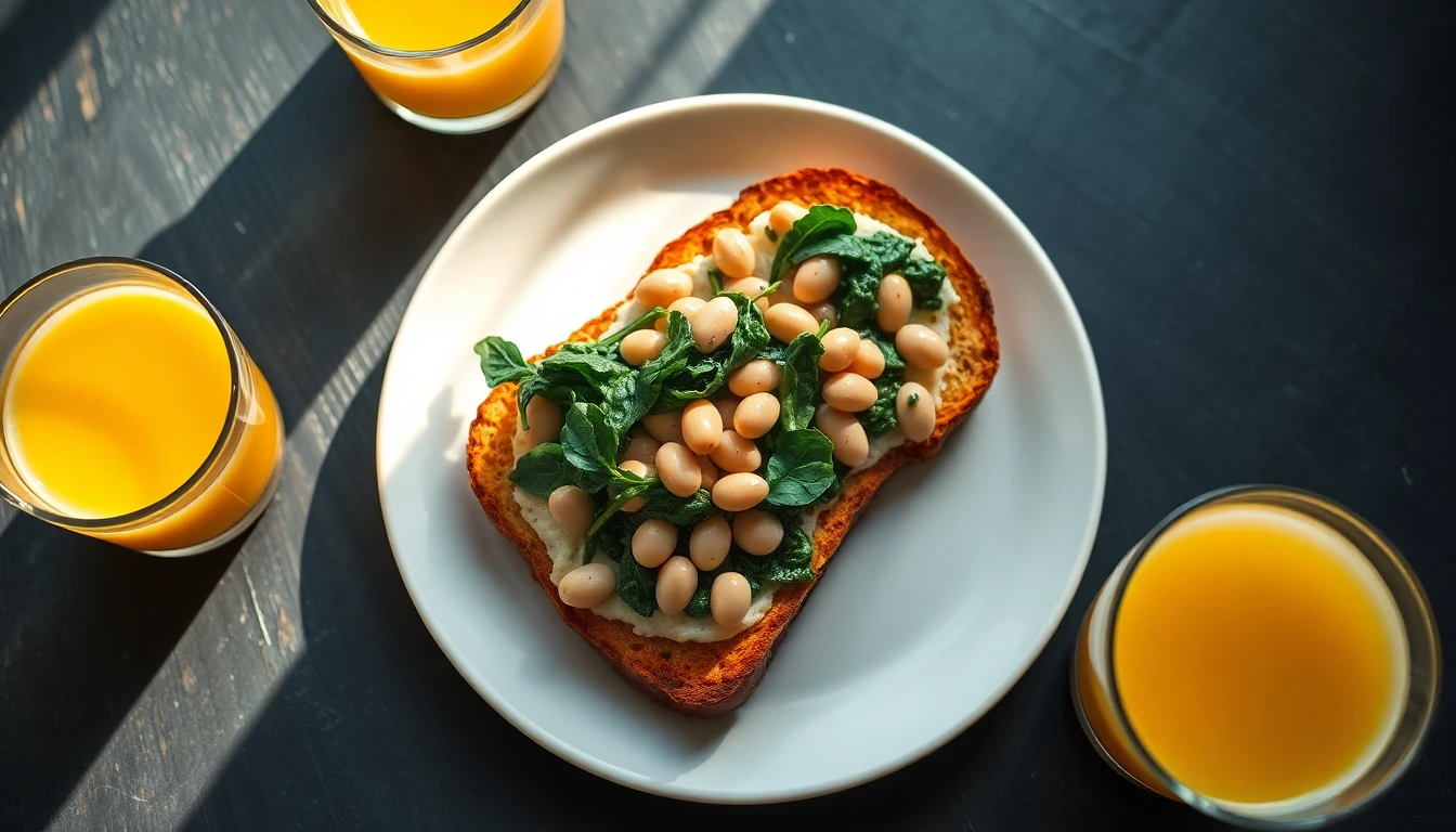 Wholemeal toast topped with white beans and spinach on a white ceramic plate beside a glass of orange juice