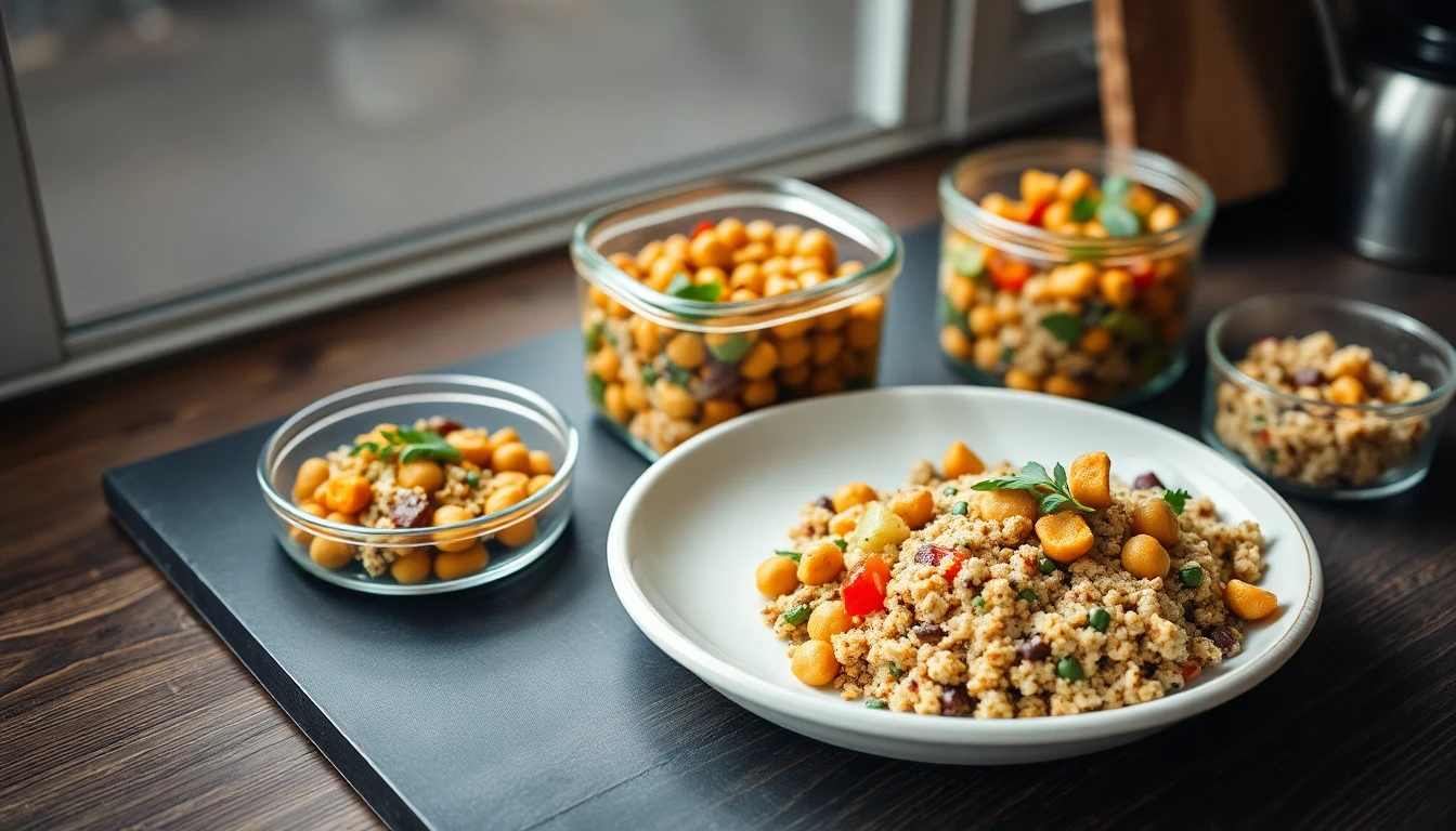Glass meal prep containers filled with colourful chickpea curry, quinoa, and roasted vegetables on a wooden kitchen counter
