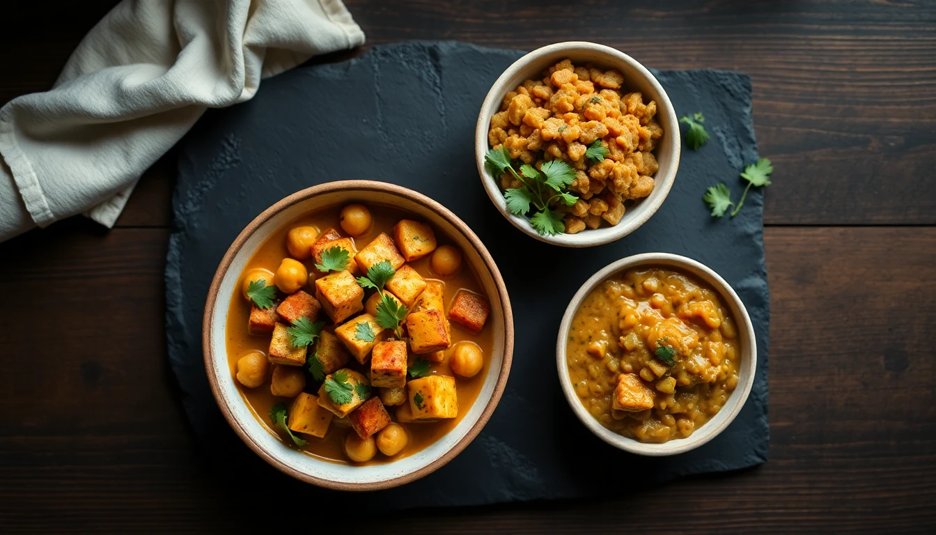 Overhead view of three ceramic bowls containing chickpea curry, tofu scramble, and lentil dhal on a wooden table with fresh coriander