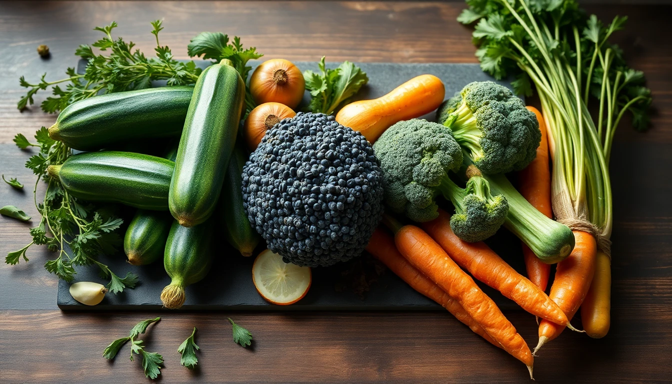 Assortment of fresh vegetables including courgettes, broccoli and carrots arranged on a wooden cutting board