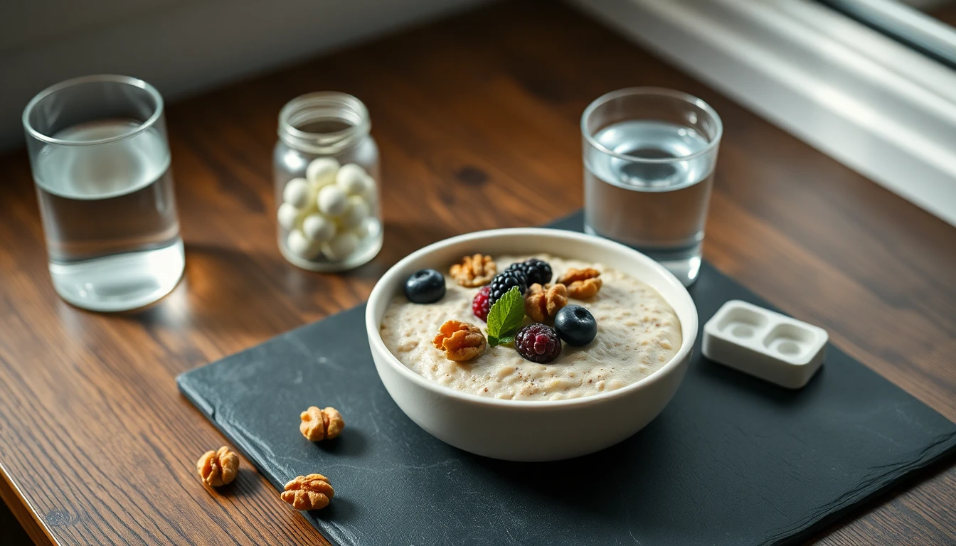 Bowl of porridge topped with berries and walnuts beside a glass of water and a small pill organiser on a wooden kitchen table