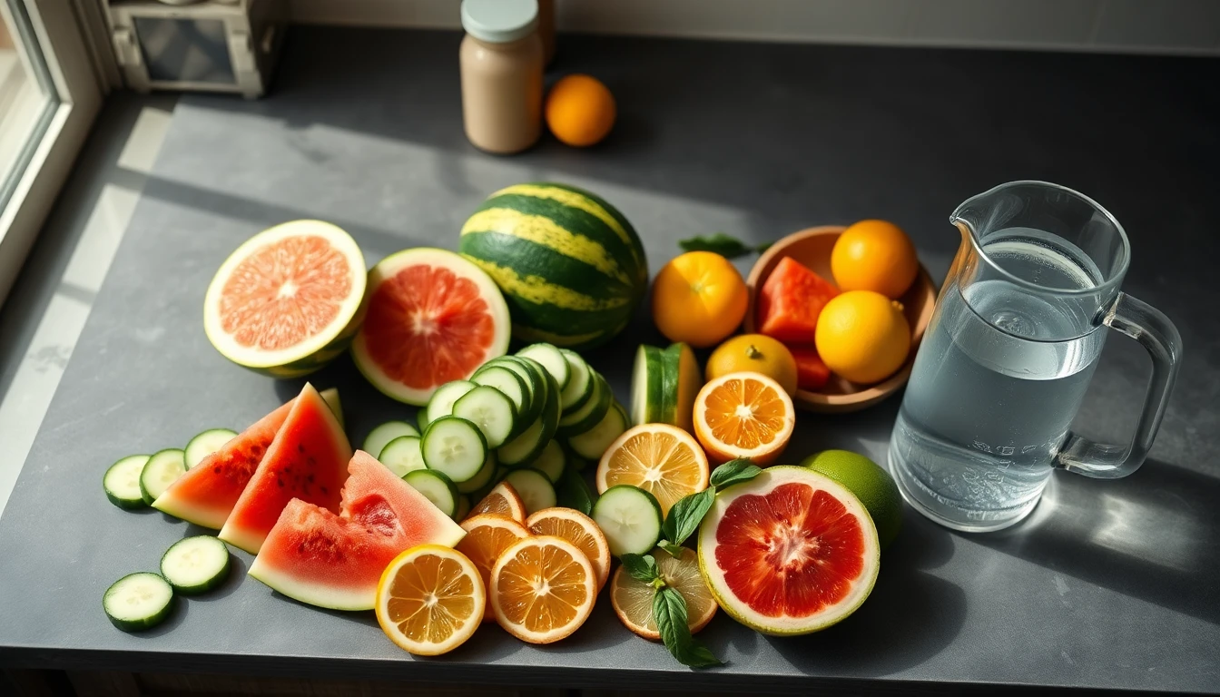 Assortment of fresh cucumber slices, watermelon wedges, and citrus fruits arranged on a marble countertop beside a glass pitcher of water