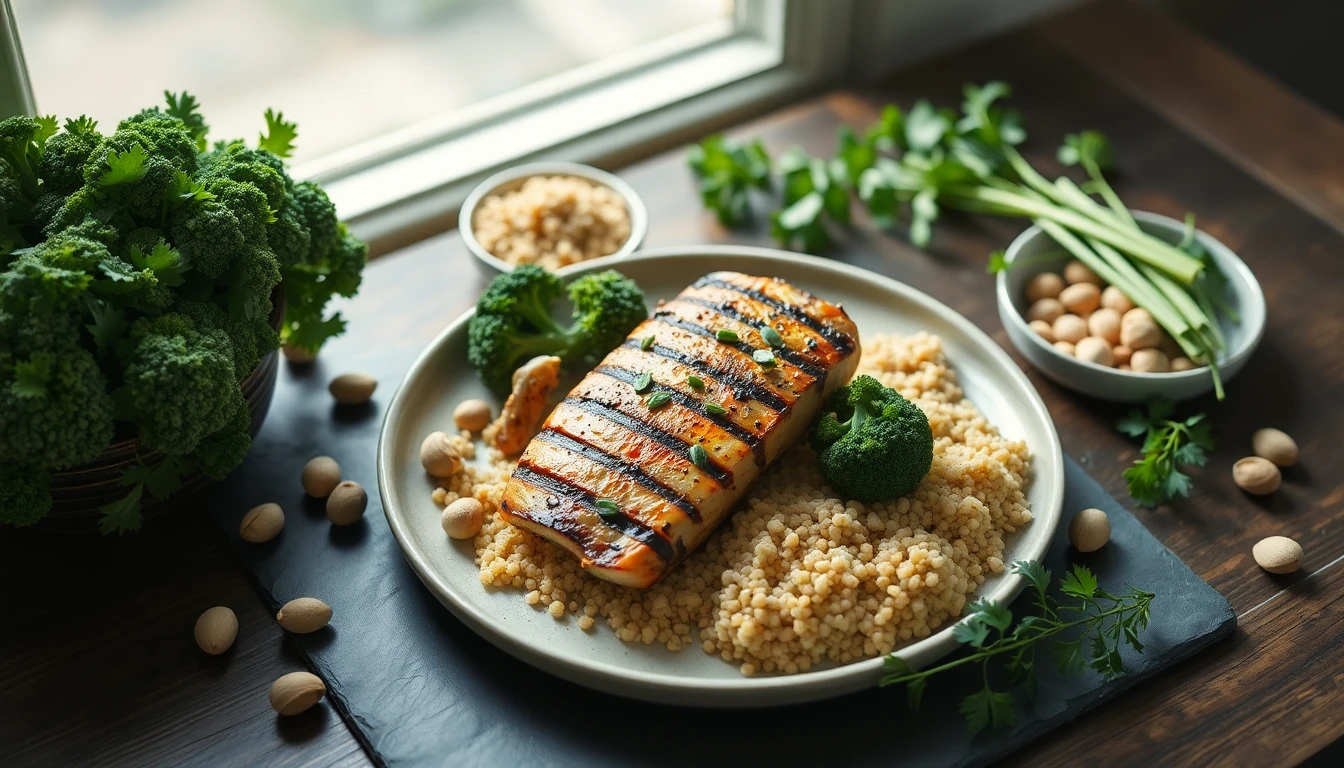 Colourful plate of grilled chicken, steamed broccoli, quinoa and Brazil nuts on a wooden table with natural sunlight