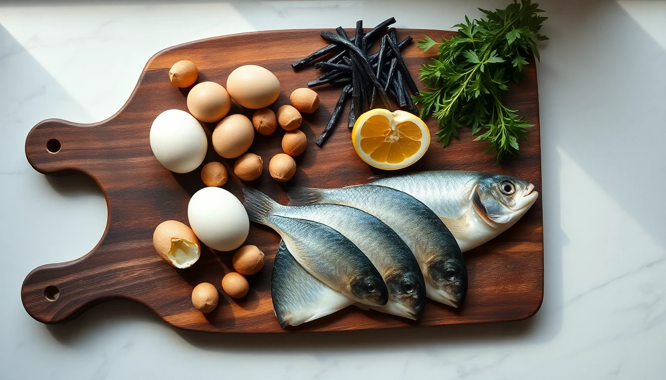 Wooden cutting board with brazil nuts, seaweed, eggs, and fresh fish arranged on a light marble countertop