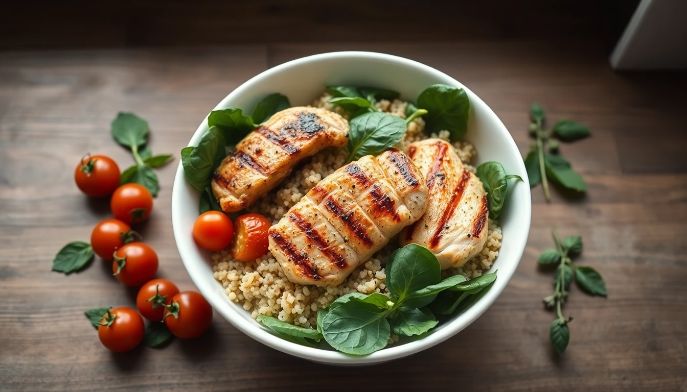 White bowl filled with quinoa, grilled chicken, spinach leaves and cherry tomatoes on a light wooden table