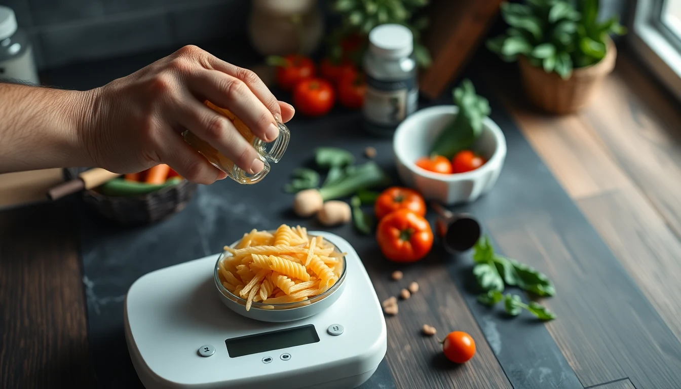 Person measuring wholegrain pasta portions on a white kitchen scale with vegetables in the background