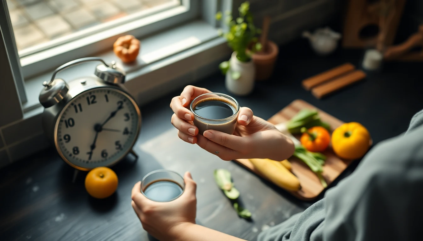 Woman holding a cup of black coffee beside a kitchen clock showing morning time with natural window light