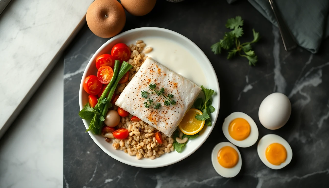 White ceramic bowl filled with fresh milk next to cod fillet and free-range eggs on a marble countertop