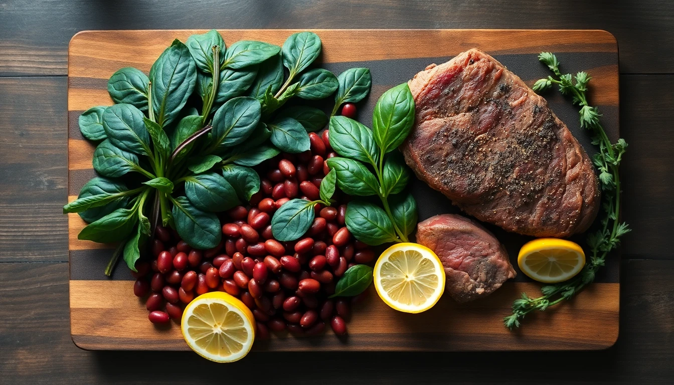 Overhead view of dark leafy spinach, red kidney beans, and lean beef on a wooden cutting board with fresh lemon halves