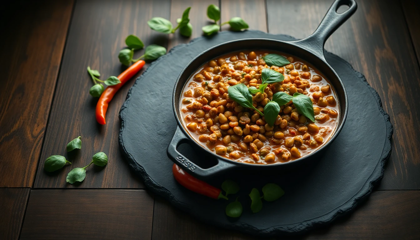 Rustic wooden table with cast iron skillet containing lentil curry, surrounded by fresh spinach leaves and red peppers