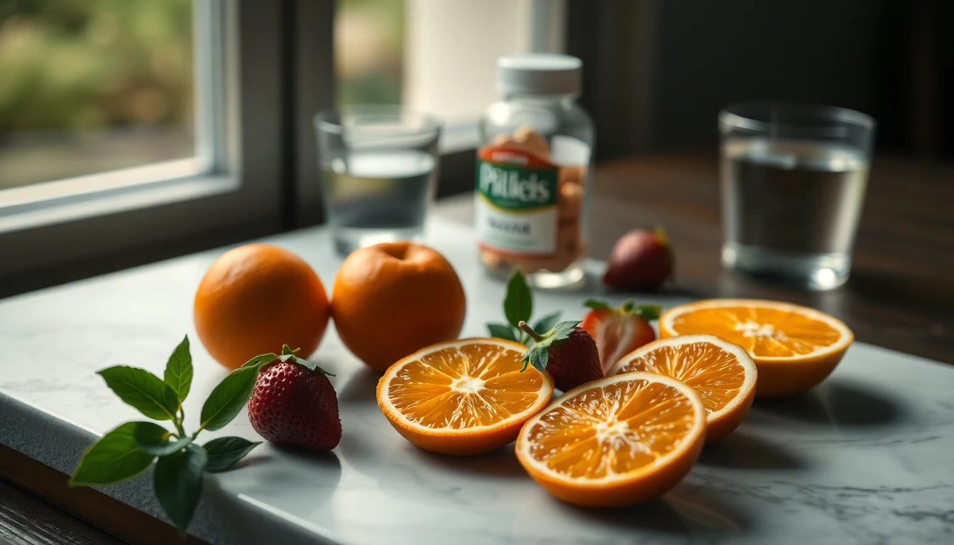 Orange slices and strawberries arranged on a white marble surface beside a glass of water
