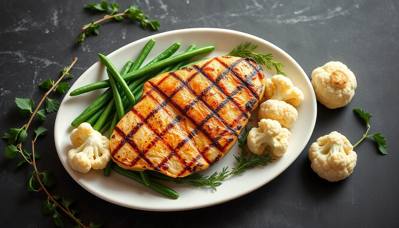 Grilled chicken breast with steamed green beans and cauliflower on a white ceramic plate