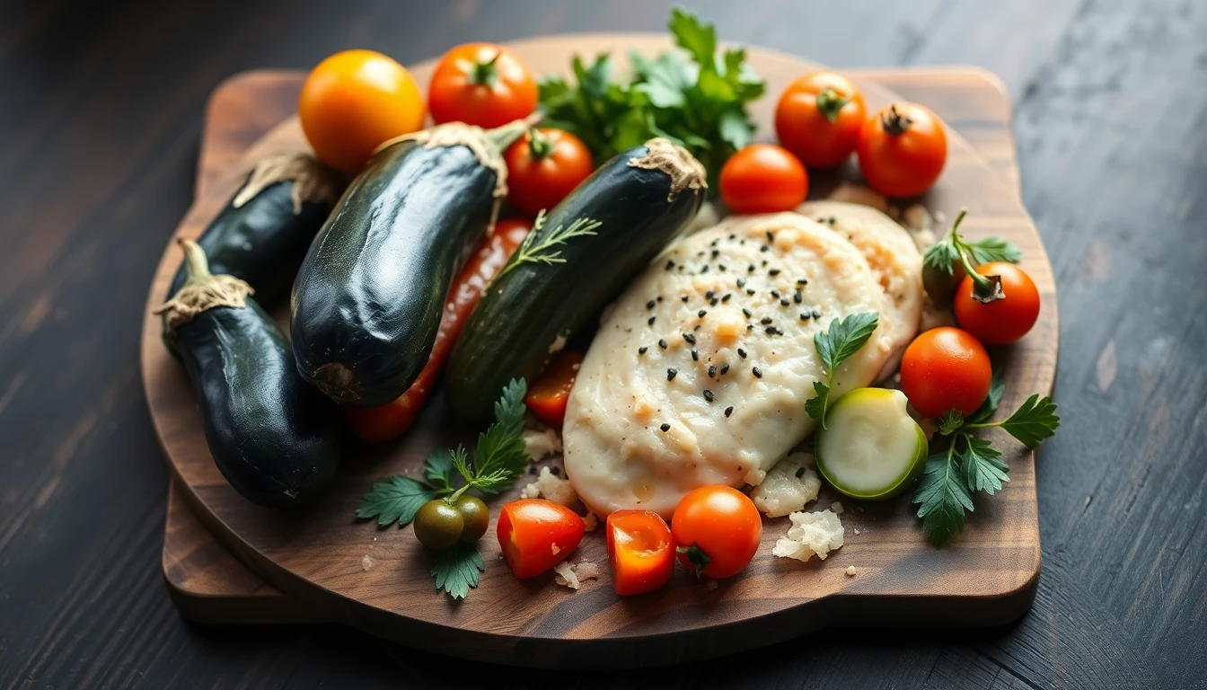 Assorted fresh vegetables including aubergines, courgettes, tomatoes and olives arranged on a wooden cutting board