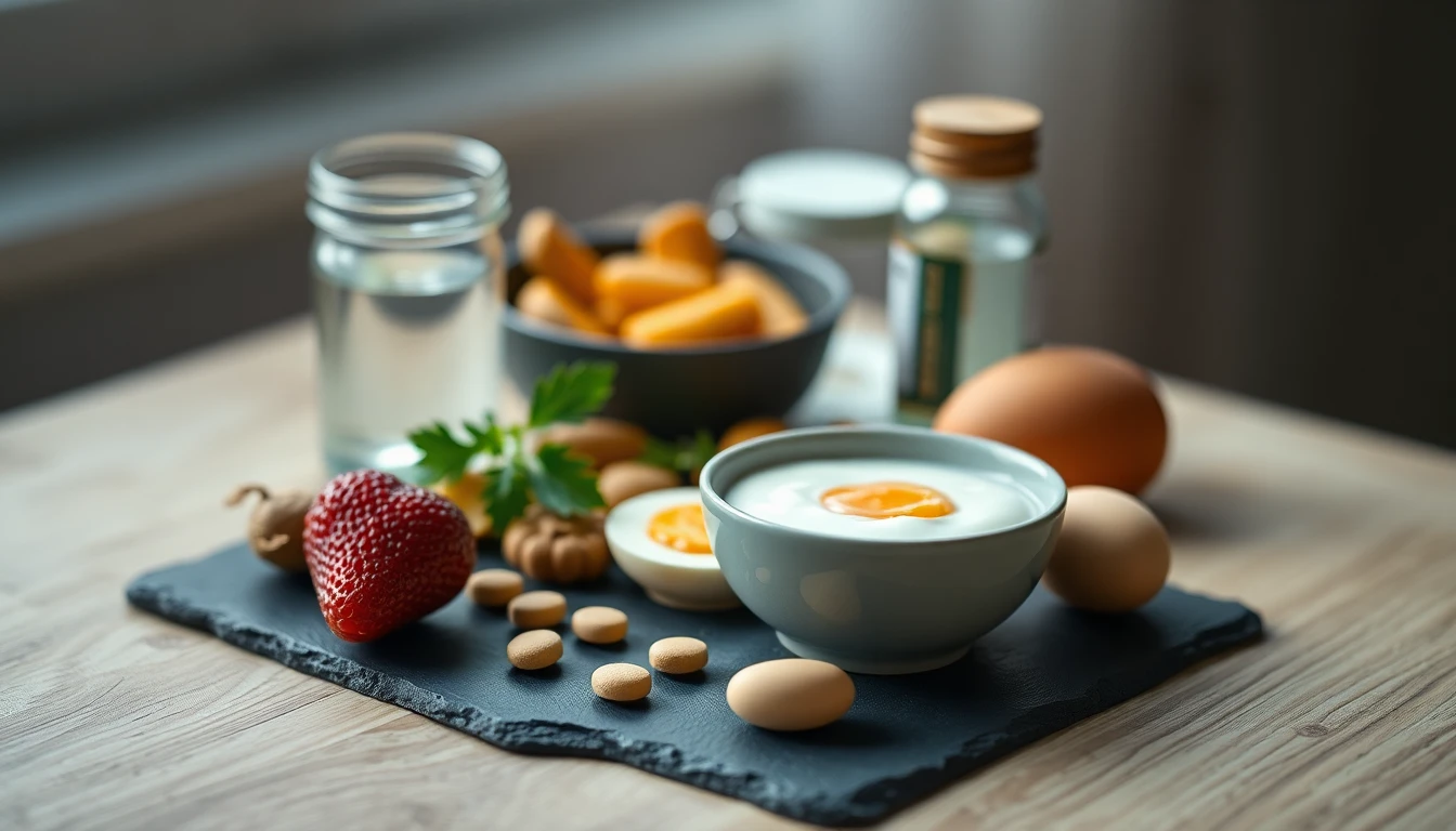 Weekly pill organiser beside a glass of water, a small bowl of yogurt and a boiled egg on a pale wooden table