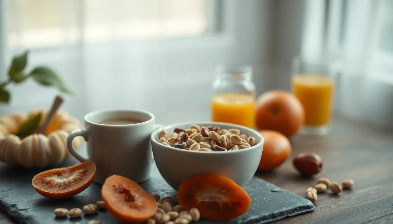 Morning breakfast table with coffee cup, bowl of cereal, and orange juice in natural daylight