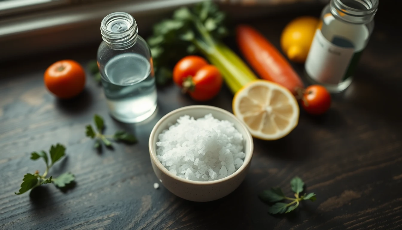 Overhead view of a wooden table with sea salt in a small bowl, fresh vegetables, and a glass of water with lemon
