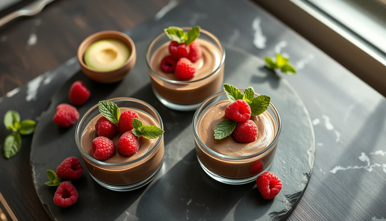 Chocolate avocado mousse in glass bowls topped with fresh raspberries and mint leaves on a marble countertop