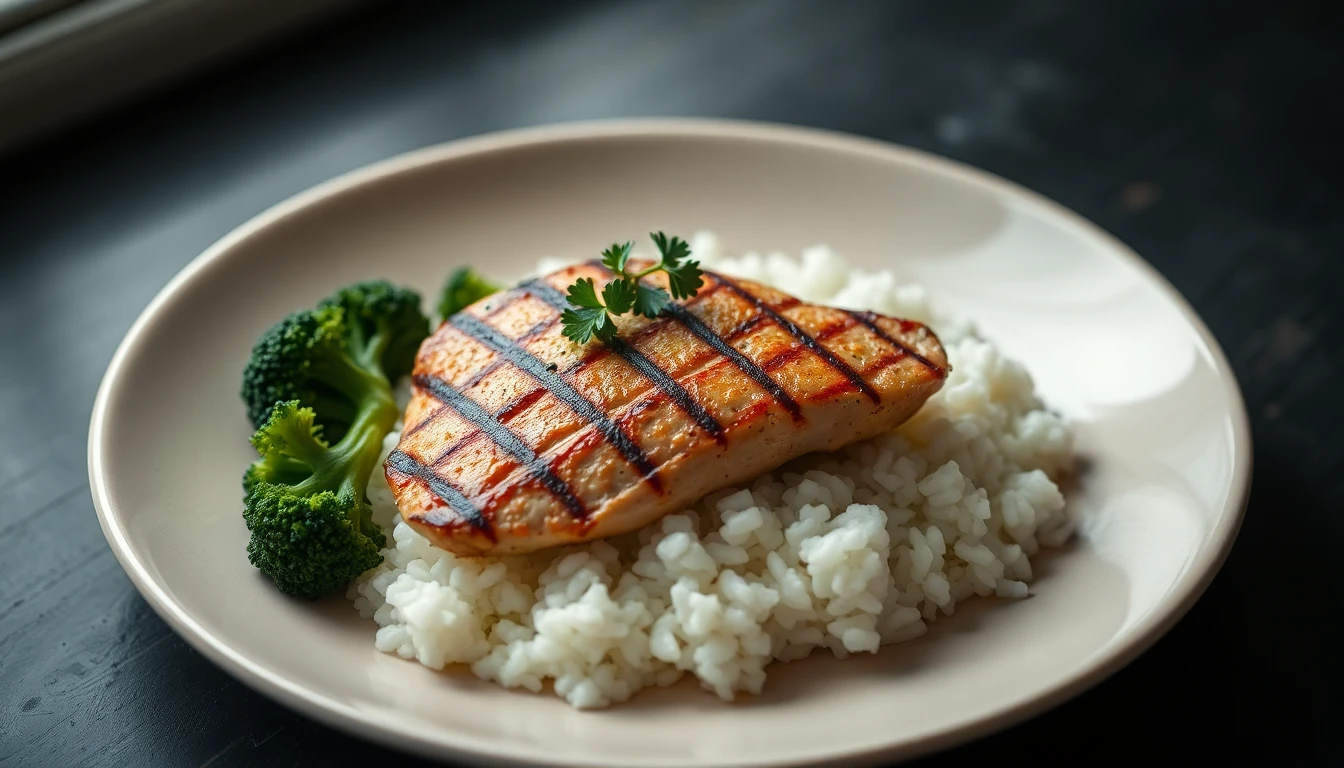 Grilled chicken breast with steamed broccoli and white rice on a cream ceramic plate