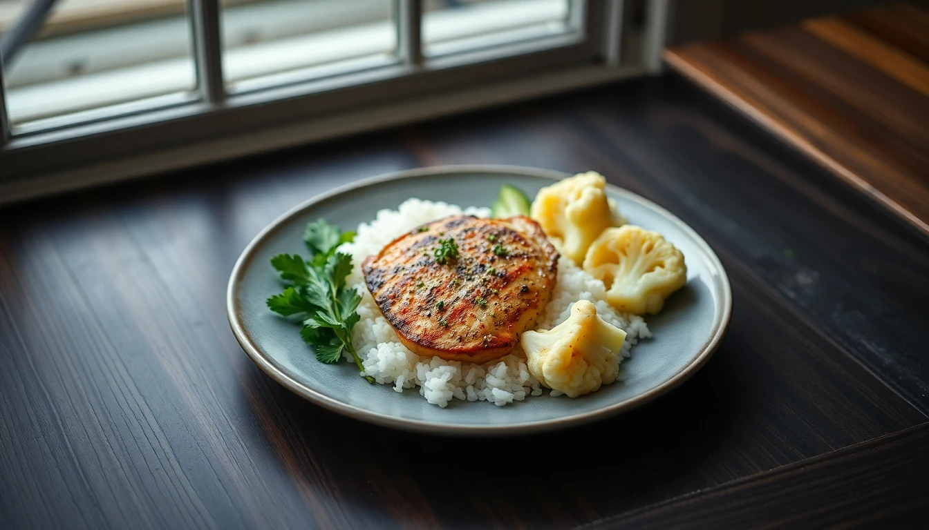 Colourful dinner plate with grilled chicken breast, white rice, and steamed cauliflower on a wooden table