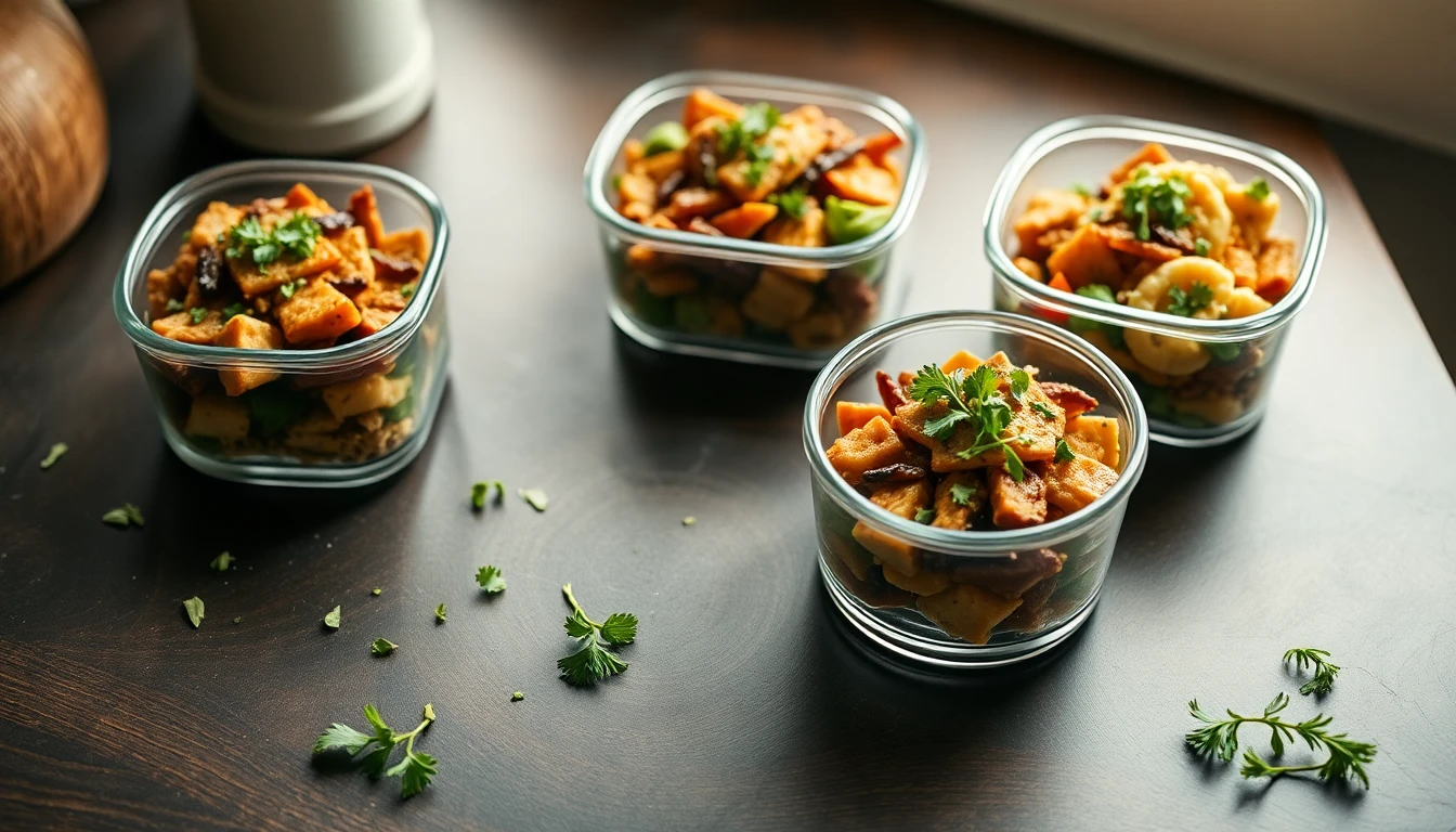 Glass containers filled with colourful portioned meals arranged on a wooden kitchen counter with fresh herbs scattered around