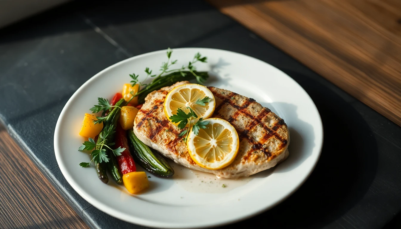 Grilled chicken breast with fresh herbs, roasted vegetables and lemon slices on a white ceramic plate