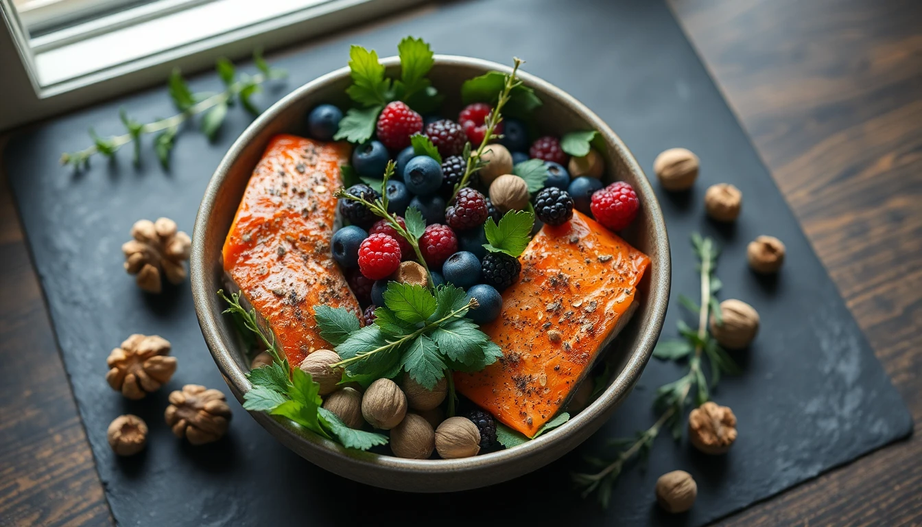 Colourful bowl filled with fresh berries, leafy greens, walnuts and grilled salmon on a wooden table