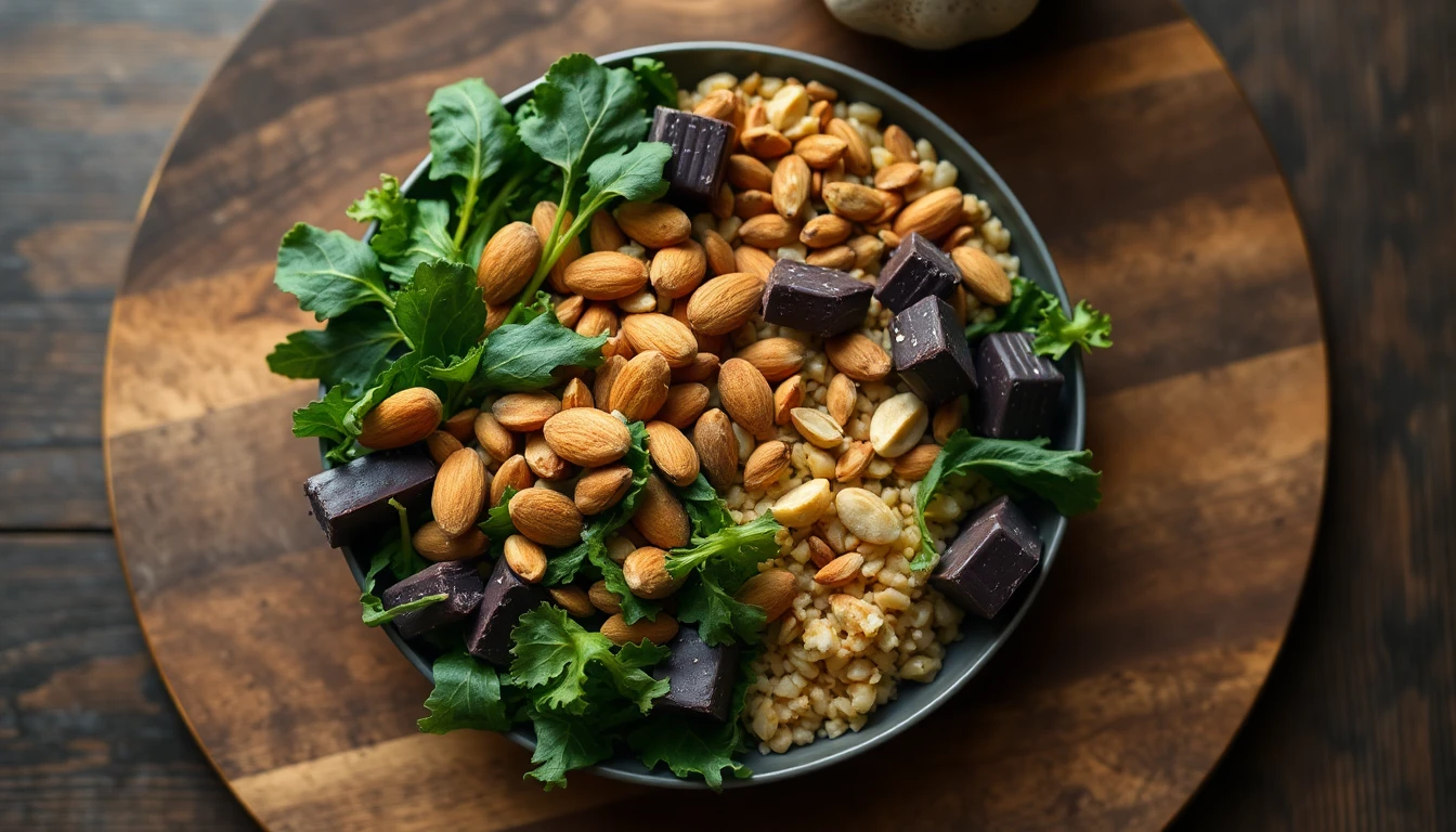Overhead view of dark leafy greens, almonds, pumpkin seeds and dark chocolate arranged on a wooden cutting board