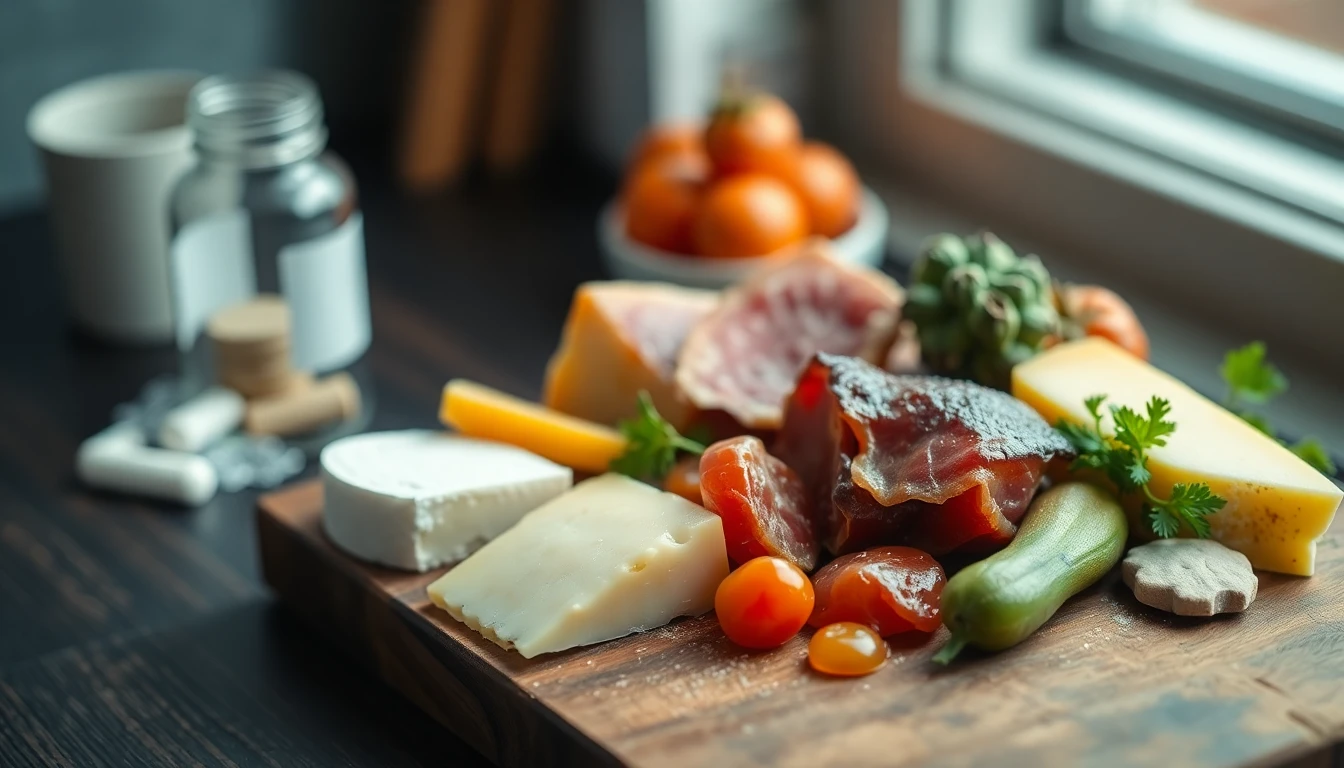 Assorted aged cheeses, cured meats and fermented vegetables arranged on a wooden board