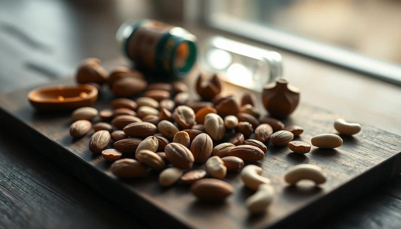 Mixed nuts including almonds, walnuts and cashews scattered on a wooden chopping board with morning sunlight