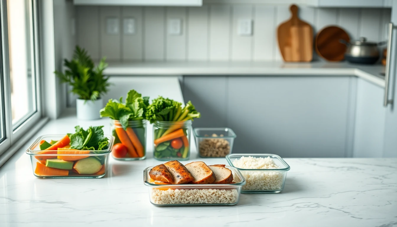 Glass meal prep containers filled with colourful vegetables, grilled chicken and rice arranged on a white marble kitchen counter
