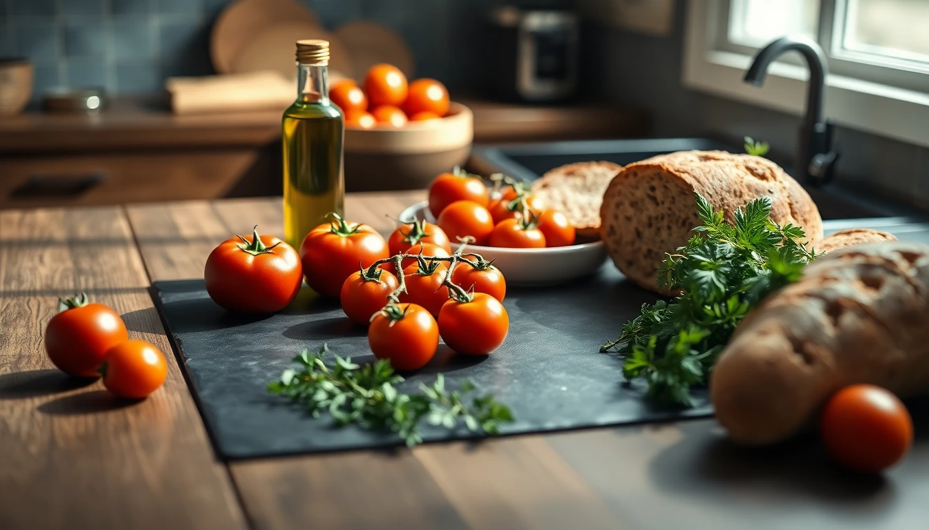 Wooden table with fresh tomatoes, olive oil bottle, whole grain bread and fresh herbs in natural daylight