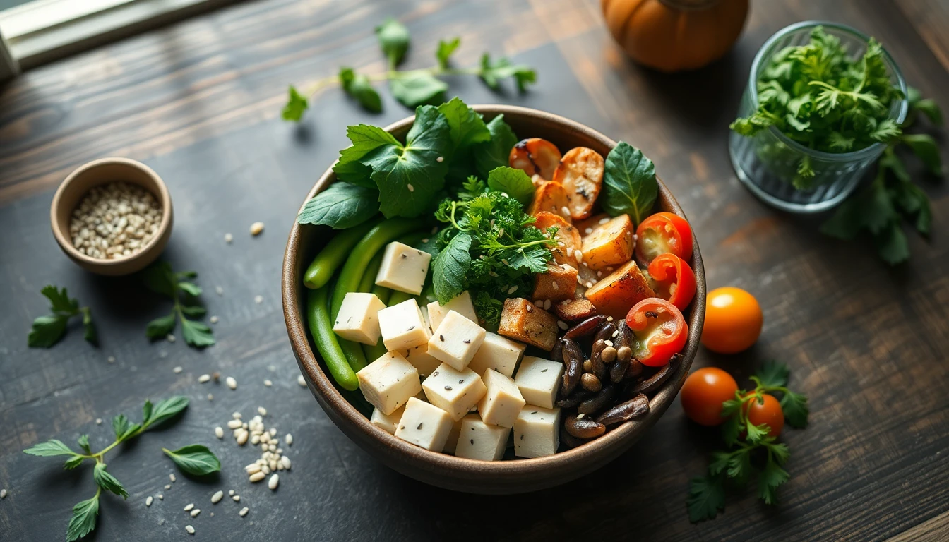 Colourful Buddha bowl with edamame beans, tofu, leafy greens, and sesame seeds on a wooden table