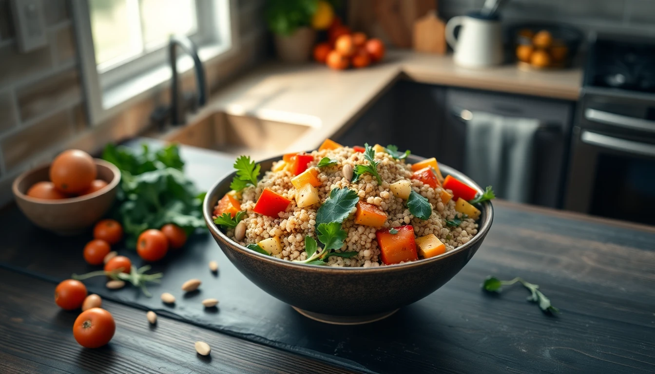 Colourful bowl of quinoa, roasted vegetables, leafy greens and seeds on a wooden table with natural morning light