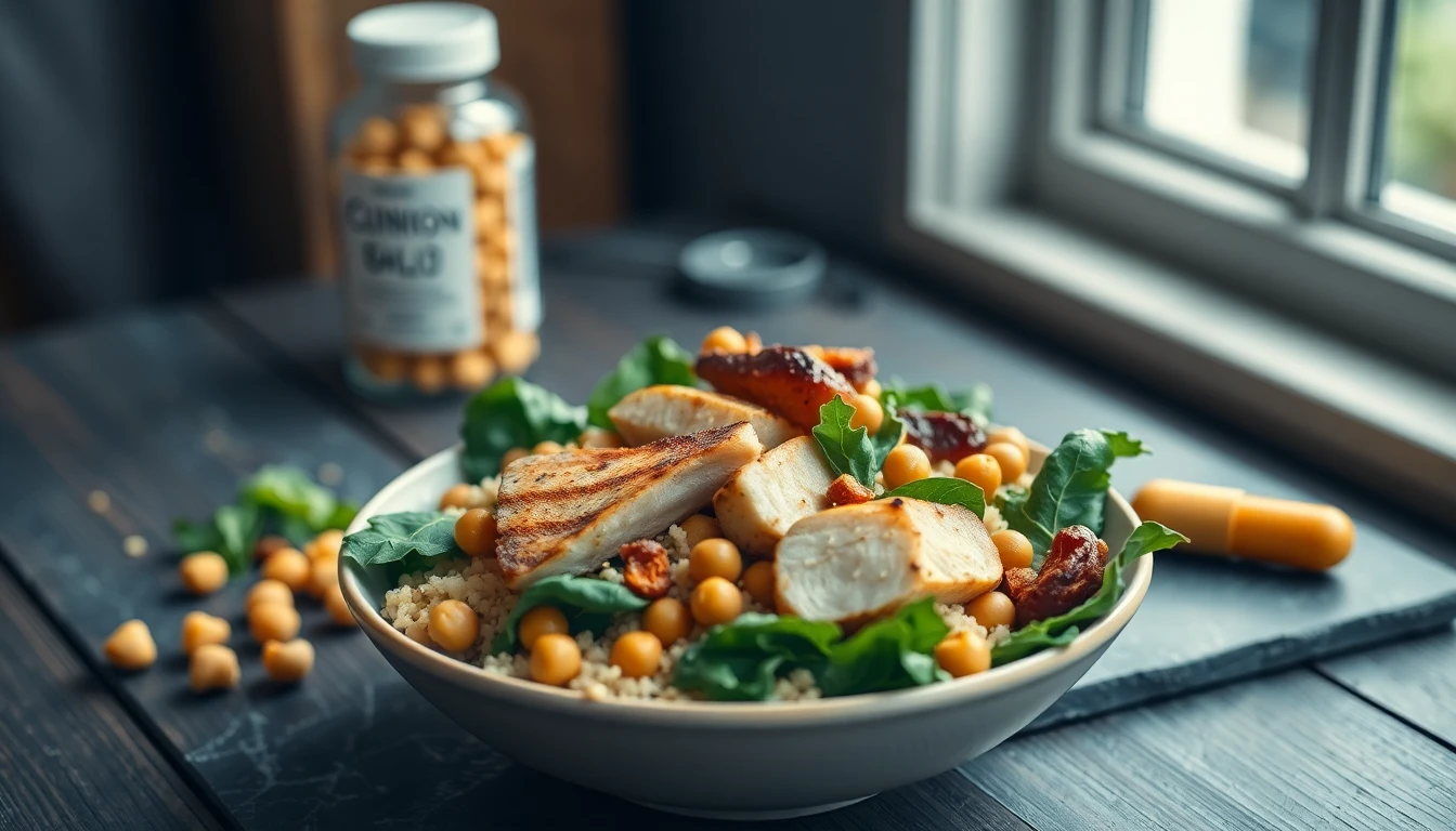 Colourful bowl of quinoa salad with grilled chicken, leafy greens, chickpeas and roasted vegetables on a wooden table