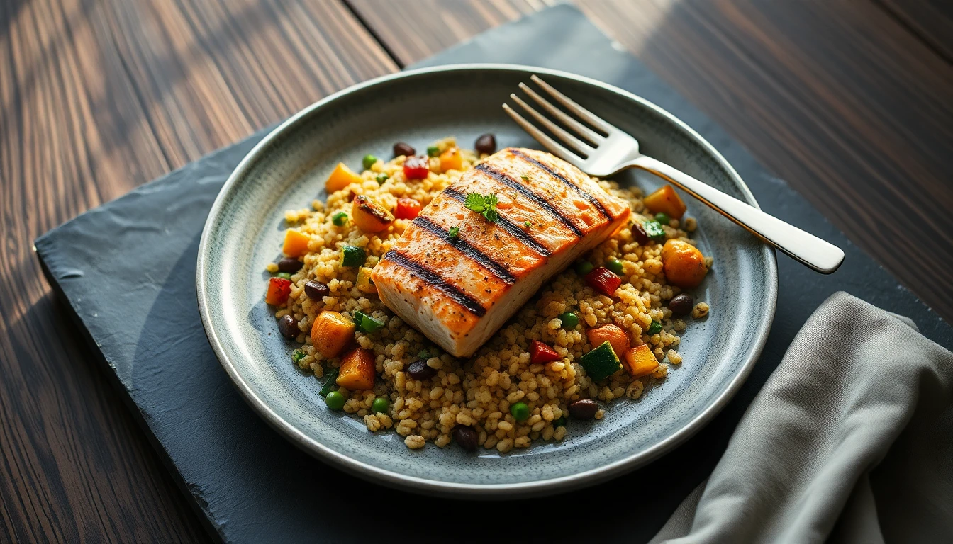 Grilled salmon with roasted vegetables and quinoa on a ceramic plate with a fork