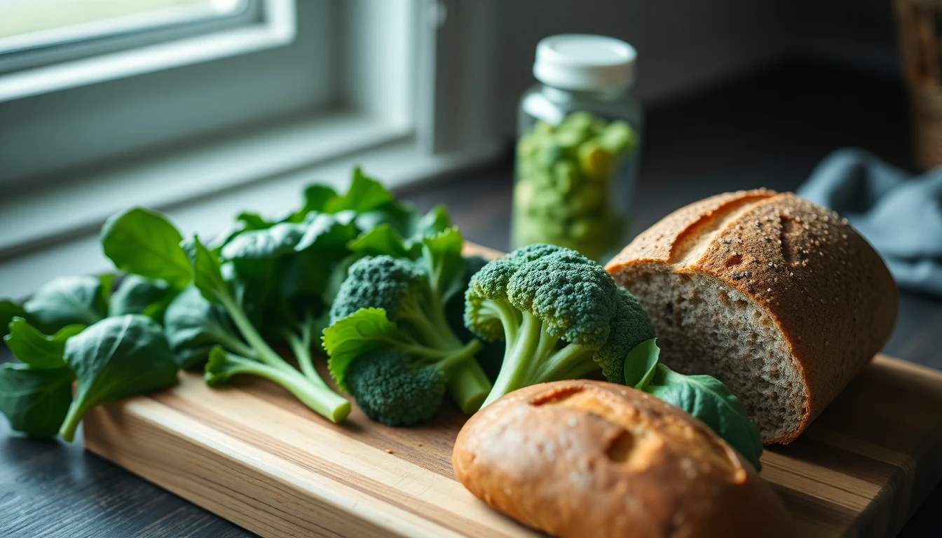Fresh leafy green vegetables including spinach and broccoli arranged on a wooden cutting board beside whole grain bread