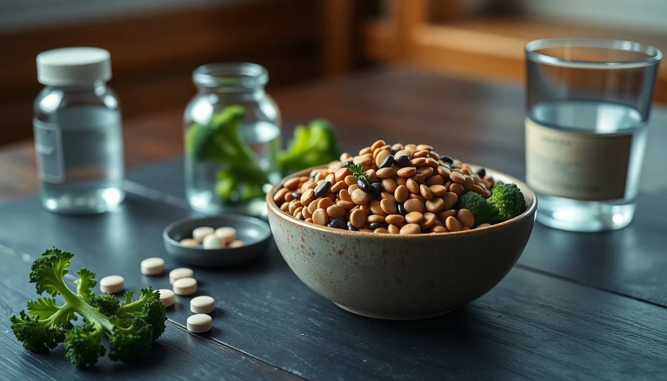 Weekly pill organiser beside a bowl of cooked lentils, steamed broccoli and a glass of water on a wooden kitchen table